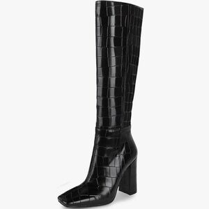 Elegant Black Croc-Embossed Knee-High Boots